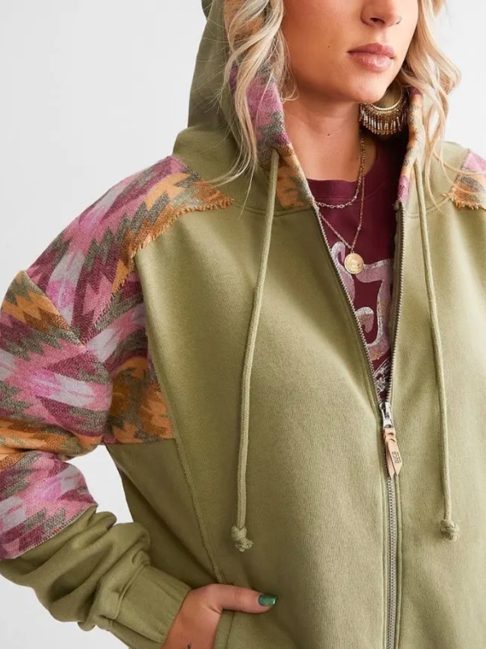 NWT BKE Deep Lichen Green Southwestern Pieced Full Zip Hoodie M - Picture 8 of 8